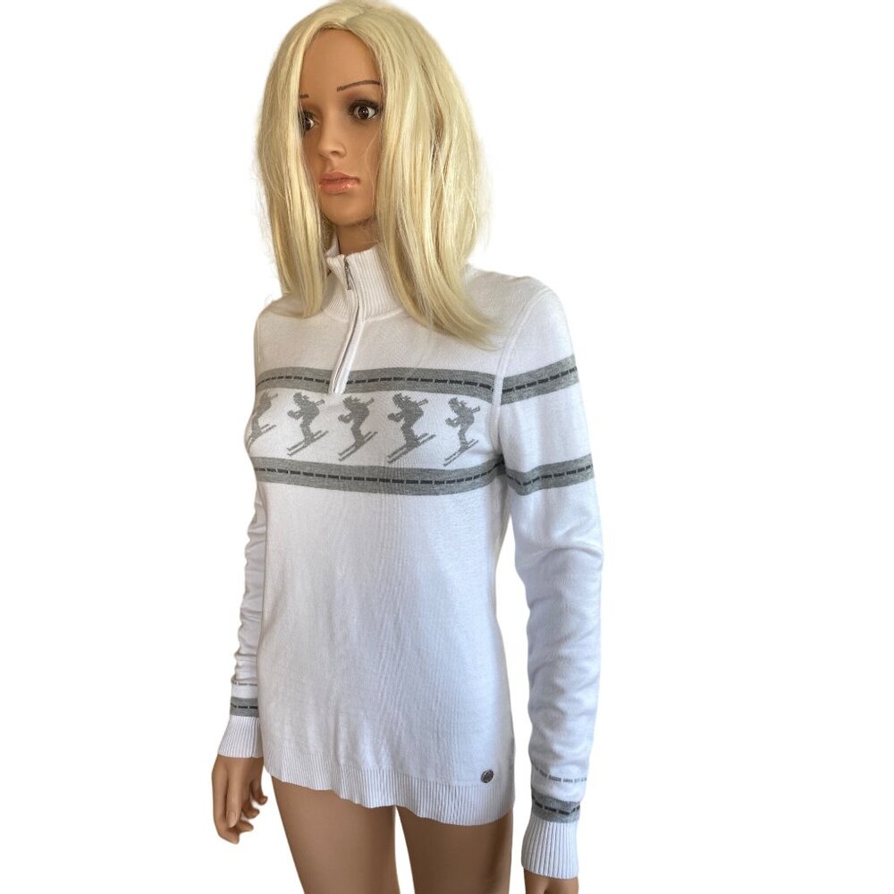 Nils Skier 2 Knit Sweater Women's Large White Gray Nordic Après Ski 1/4 Zip - Picture 10 of 13